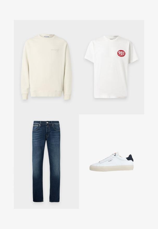 Replay LOGO CREW NECK - Mikina - natural rope; Biele bavlnené tričko s okrúhlym červeným logom na ľavej hrudi a textom "981 REPLAY". Krátke rukávy a štandardný strih.; Tmavomodré rovné džínsy so slabým vyblednutím na stehnách, piatimi vreckami a kovovým gombíkom na uzavretie v páse.; Biela nízka športová obuv s béžovou podrážkou, bielymi šnúrkami, čiernou pätovou záložkou a logom "Pepe Jeans London" na boku.
