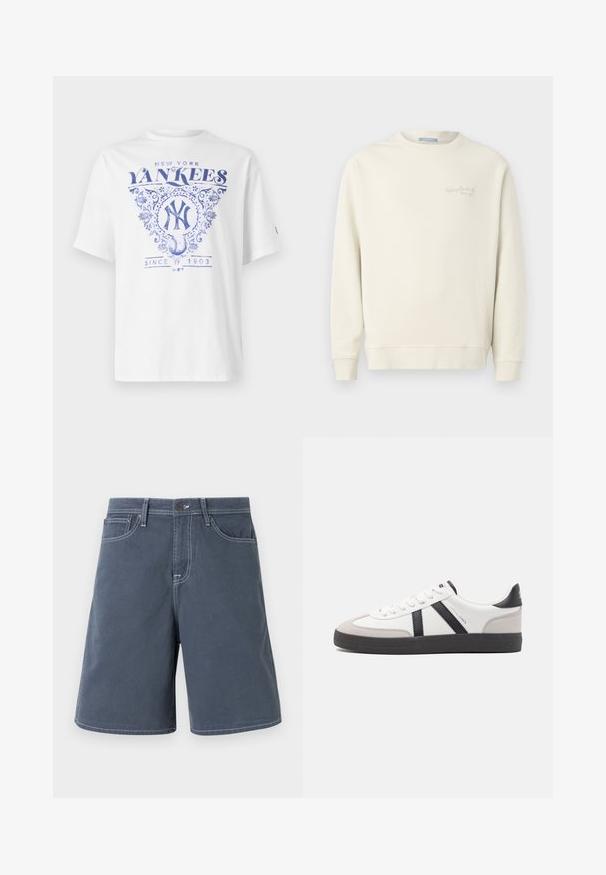 Replay LOGO CREW NECK - Mikina - natural rope; Biela tričko s modrým potlačeným dizajnom, na ktorom je „New York Yankees“, zdobené detaily a „Since 1903“ pod grafikou baseballu. Krátke rukávy.; TEMNE MODRÉ KRAŤASY Z BAVLNY S BIELYM ŠITÍM, PIATIMI VREDCAMI A GOMBÍKOM V PASE. Rovné nohavice, minimálne detaily.; Biele tenisky s čiernymi a šedými akcentmi, s textúrovanou šedou špičkou, čiernou gumovou podrážkou a plochými bielymi šnúrkami. Čistý dizajn, minimalistický štýl.