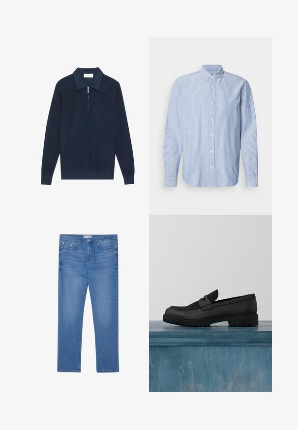 Mørk marineblå strikket langærmet polo shirt med ribbet tekstur og en kort sølv lynlås ved kraven.; Lys blå skjorte med hvide striber, som har en klassisk krave og lange ærmer. Fremstillet af vævet stof med en glat tekstur.; Lyseblå denimjeans med lige ben, femlommes design, subtil falming og metalbeslag ved taljen og lommerne.; Sort lædersko uden snørebånd med en tekstureret stofdetalje, en robust gummisål og en glat finish. Har diskrete syningsdetaljer.