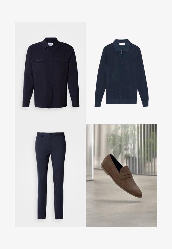 Polo de manga larga de punto en azul marino oscuro con textura acanalada y un pequeño zipper plateado en el cuello.; Chaqueta de camisa azul marino hecha de una tela suave, con dos bolsillos en el pecho, un frente abotonado y mangas largas con puños abotonados.; Pantalones navy fabricados con una tela suave y elástica. Cuentan con cremallera, un solo botón de cierre y piernas delgadas y ajustadas.; Mocasines de ante marrón con un acabado suave, detalles cosidos y diseño de punta redondeada. Suela elevada y estilo fácil de poner.