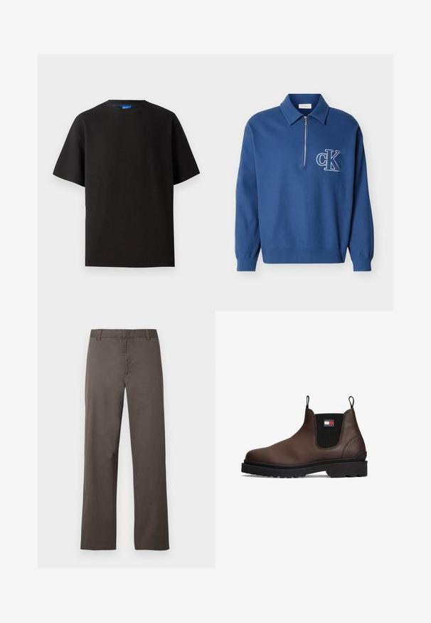 Blauwe lange mouwen pullover met kraag, halve rits, geribbelde manchetten en zoom, met wit "cK" logo op de linkerborst.; Zwart T-shirt met korte mouwen, ronde hals, gemaakt van ribbelstoffen. Kenmerkt zich door een relaxte pasvorm en een subtiele blauwe merketiket aan de binnenkant van de hals.; Bruine katoenen broek met een rechte pijp, voorzien van riemlussen en een gladde textuur. Geen zichtbare patronen of metalen details.; Bruine leren Chelsea-boot met zwarte elastische zijpanelen, zwarte rubberen zool, trek- lussen en Tommy Jeans logo patch aan de zijkant.