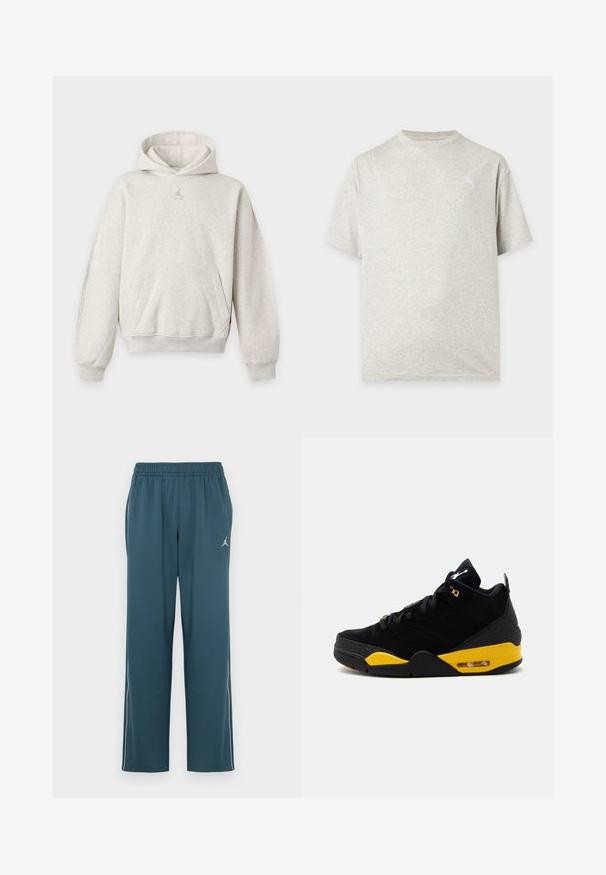 Sweat à capuche gris clair avec poche avant, poignets et bas côtelés, et petit logo Jordan sur la poitrine.; T-shirt gris clair à col rond et manches courtes avec un petit logo discret sur le haut gauche de la poitrine sur un fond uni.; Pantalon de sport bleu sarcelle foncé avec une taille élastique, deux poches latérales, des bandes blanches sur les côtés et un petit logo sur la cuisse gauche.; Chaussure de sport montante noire et jaune avec fermeture à lacets, semelle amortie à l'air et logo Jumpman visible sur la languette et la bride du talon.