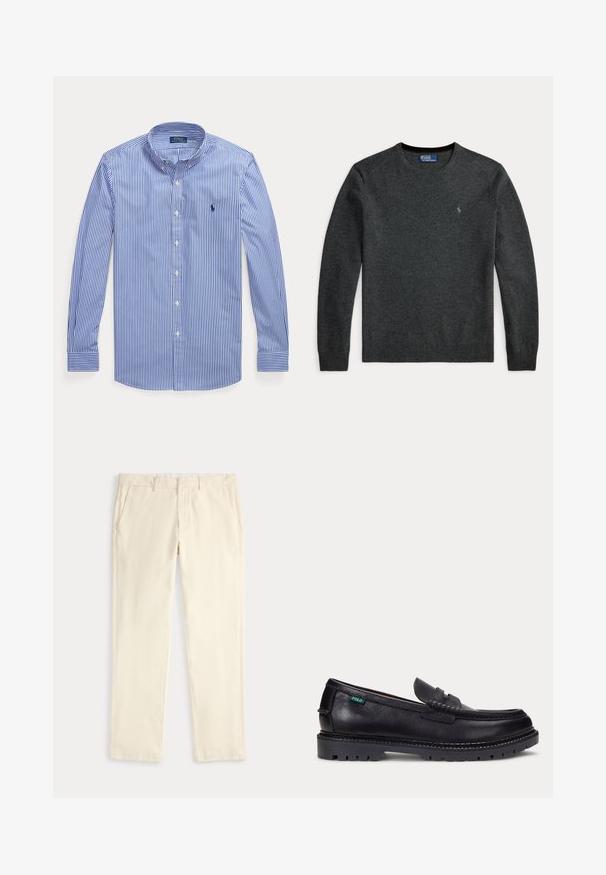 Donkergrijze trui met lange mouwen en een ronde hals, met een klein geborduurd logo op de borst en geribbelde boorden en zoom.; Blauw-wit verticale gestreepte blouse met lange mouwen, knopen en een button-down kraag, met Polo Ralph Lauren-logo op de borst.; Crèmekleurige recht gesneden broek met riemlussen en zijzakken, plat liggend afgebeeld tegen een lichte achtergrond.; Zwarte leren loafer met dikke geprofileerde zool en klein groen "Polo" label aan de buitenkant bij de hiel.
