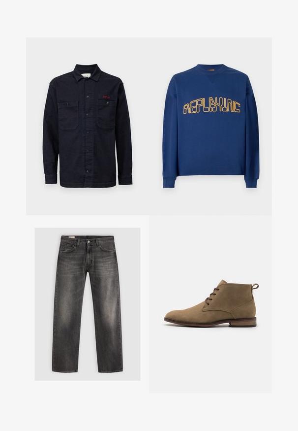 Mørkeblå crewneck sweatshirt med lange ærmer og gul stiliseret "REPLAYINC" tekst på brystet.; Mørkeblå denimskjorte med lange ærmer, knaplukning foran, to brystlommer og et lille rødt "REPLAY" logo på den venstre lomme.; Sorte lige ben jeans lavet af denim, med en falmet finish, fem lommer og en klassisk knap- og lynlås lukning.; Brune ruskinds ankelstøvler med en rund tå, fem hægter og en flad træhæl. Har en træksløjfe bagpå og sydet detaljer.