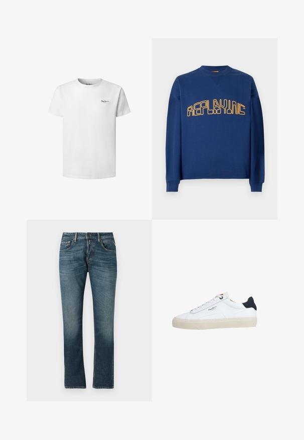 Sweatshirt bleu marine à col ras du cou avec des manches longues et un texte stylisé jaune "REPLAYINC" sur la poitrine.; T-shirt blanc à manches courtes avec col rond et petit logo "Pepe Jeans London" sur le côté gauche de la poitrine.; Jean en denim bleu avec une coupe droite, un lavage délavé, un design à cinq poches et des surpiqûres contrastantes. Fermeture à bouton et zip.; Baskets basses blanches avec semelle beige, lacets blancs, languette de talon noire et logo "Pepe Jeans London" sur le côté.