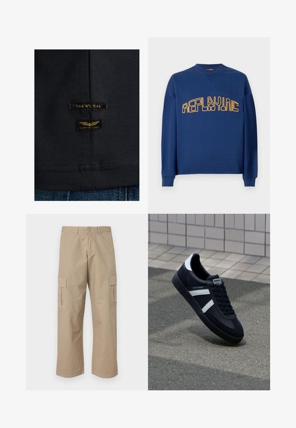 Sudadera de cuello redondo en azul marino con mangas largas y texto estilizado en amarillo "REPLAYINC" en el pecho.; Camiseta de algodón negra con una textura suave. Presenta dos etiquetas: "TIPO NO: C-46" y "CLÁSICO AMERICANO" en amarillo sobre fondo oscuro.; Pantalones cargo beige con un diseño de pierna recta, que cuentan con dos bolsillos laterales y un cierre de botón estándar en la cintura. Fabricados en algodón suave.; Zapatilla de cuero negra con rayas blancas, suela de goma texturizada y parte frontal con cordones. Cuenta con una etiqueta de marca en la lengüeta.