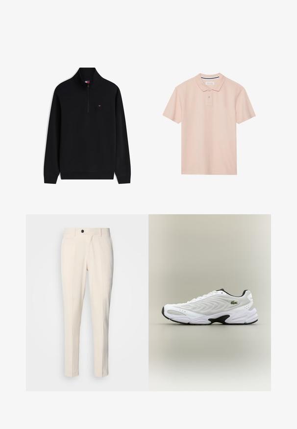 Schwarzer langärmliger Pullover mit Viertelreißverschluss und kleinem rot-weiß-blauem Logo auf der linken Brust.; Poloshirt in sanftem Rosa, mit kurzen Ärmeln, Kragen mit einer Knopfleiste aus drei Knöpfen, strukturiertem Stoff und einem dezenten Streifenmuster im Innenteil des Kragens.; Beige maßgeschneiderte Hosen mit flacher Vorderseite, Ein-Knopf-Verschluss und zwei schrägen Seitentaschen. Glattes Material mit schmaler Passform und spitz zulaufendem Bein.; Weißer Sportschuh mit strukturiertem Mesh-Obermaterial, geschwungenem Design und kontrastierender schwarzer Laufsohle. Mit grünem gesticktem Logo an der Seite.
