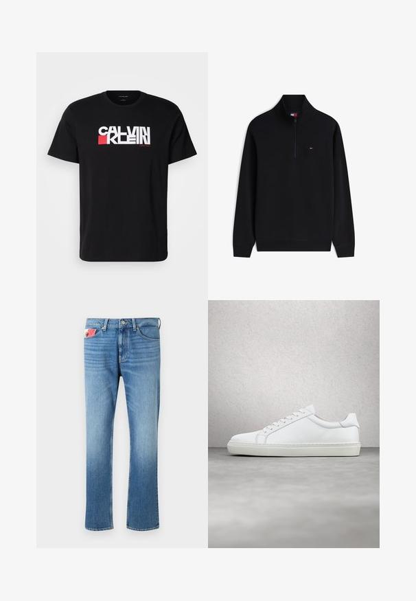 Schwarzer langärmliger Pullover mit Viertelreißverschluss und kleinem rot-weiß-blauem Logo auf der linken Brust.; Schwarzes Baumwoll-T-Shirt mit auffälligem weißen und roten "CALVIN KLEIN"-Logo über der Brust. Kurzarm- und Rundhalsausschnitt-Design.; Verblasste blaue Jeans im geraden Schnitt mit einem Knopfverschluss, fünf Taschen und einem Aufnäher auf der vorderen Tasche.; Weißer Sneaker mit glattem Lederobermaterial und niedrigem Profil. Verfügt über eine runde Zehenpartie, sechs Ösen und eine strukturierte Gummisohle.