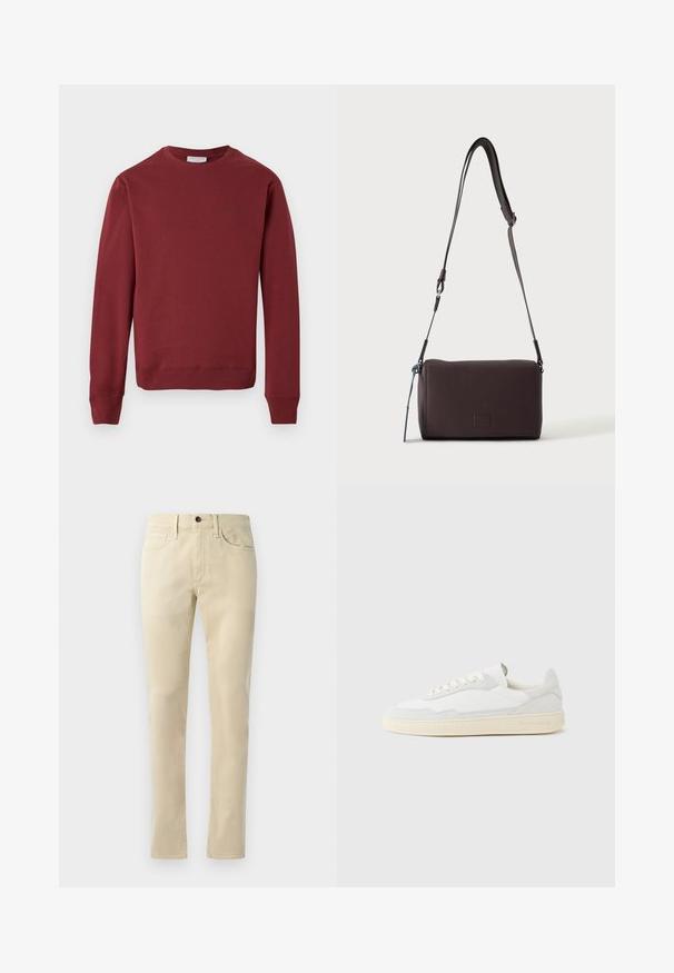 Bordeaux langesleevige sweater met ronde hals en ribgebreide manchetten en zoom, met een minimaal logo-tekst op de bovenste linkerborst, geplaatst tegen een witte achtergrond.; Beige rechte broek van een katoenmengsel. Heeft een vijfzakkenontwerp, riemlussen en een zwarte knoopsluiting op de taille.; Witte sneaker met een bovenwerk van gestructureerd suède en leer. Voorzien van een afgeronde neus, vetersluiting en een contrasterende beige rubberen zool.; Donkerbruine gestructureerde leren crossbodytas met verstelbare riem en klein decoratief blauw accent aan de zijkant.