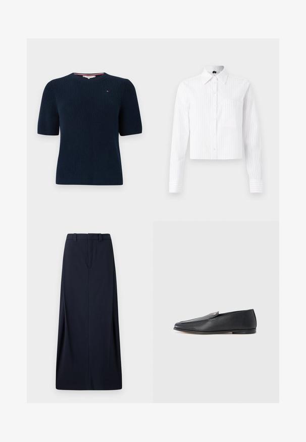 Mørkeblå strikket kortærmet sweater med rund halsudskæring. Har et diskret logodetalje på brystet og ribbet tekstur.; Hvid cropped button-up skjorte med lyseblå vertikale striber, lange ærmer, enkelt brystlomme og klassisk krave. Fabrik i bomuldsblanding.; Mørkeblå lang nederdel lavet af vævet stof, med lige snit, bæltesløjfer og en skjult lynlås. Rene linjer og minimalistisk design.; Sorte læderloafers med en glat tekstur, rundet tå og subtile syningsdetaljer. Har en guldfarvet logoaccent på oversiden.