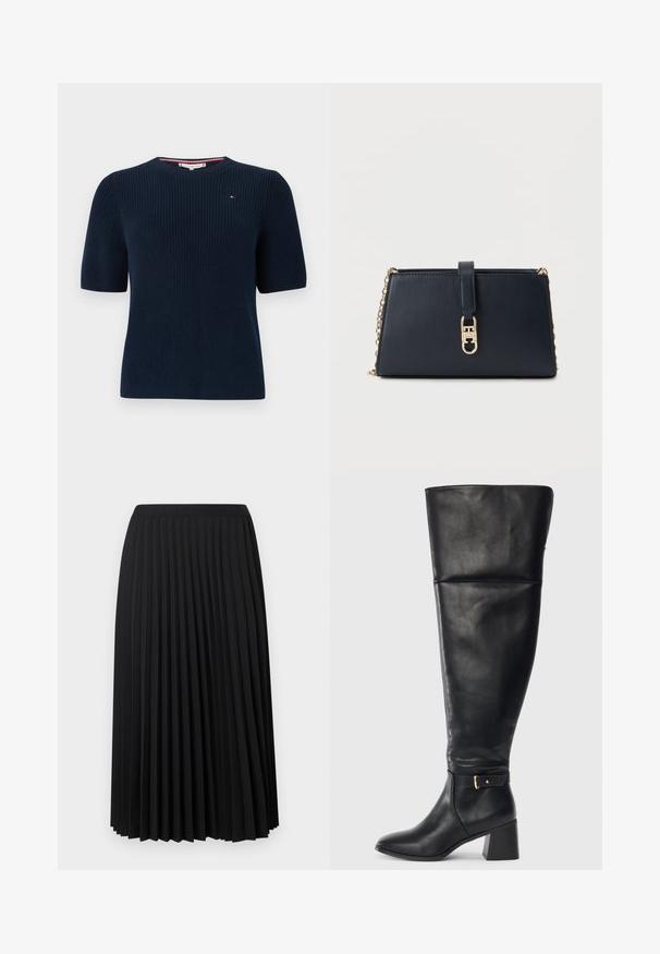 Mørkeblå strikket kortærmet sweater med rund halsudskæring. Har et diskret logodetalje på brystet og ribbet tekstur.; Sort plisseret midinederdel med elastisk linning. Har flere lodrette plisseringer for tekstur og bevægelse. Fremstillet af et glat, let stof.; Sorte læderstøvler til knæene med blokhæl og dekorativ rem med gylden spænde over anklen, set fra siden på hvid baggrund.; Marineblå læderclutch med en guldtonet remkæde og en frontlukning. Har en glat tekstur og et kantet design.