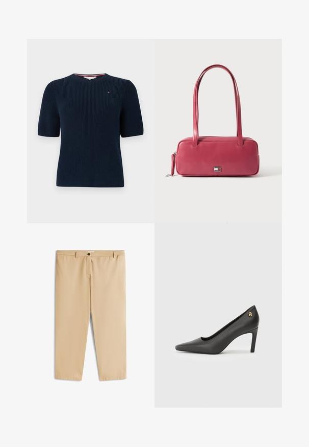Pull tricoté bleu marine à manches courtes avec un col rond. Présente un détail de logo subtil sur la poitrine et une texture côtelée.; Pantalon beige mi-long jusqu'aux genoux, avec une taille plate, une fermeture à boutons et des passants pour ceinture. Tissu lisse et design simple sans motifs visibles.; Escarpin haut à talon en cuir verni noir avec un bout pointu, mettant en avant un petit accent logo doré au niveau du talon. Texture lisse, design épuré.; Sac à main en cuir rose de forme rectangulaire, avec deux anses et un petit emblème en métal sur le devant, présentant une texture lisse et brillante.