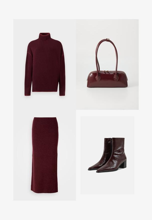 Burgunderrød rullekrave sweater med ribbet krave og manchetter, lavet af blødt materiale, med sænkede skuldre og en afslappet pasform.; Bordeaux uld maxi nederdel med en tætsiddende silhuet, glat tekstur og lige kant. Ingen synlige lukninger eller udsmykninger.; Skinnende mørkebrune læderankelstøvler med spidse tæer, sidelås og blokhæl på en ensfarvet lys grå baggrund.; Bordeaux læder skuldertaske med en buet form, dobbelt håndtag, lynlås lukning og subtile sømdetaljer. Glat, højglans finish.