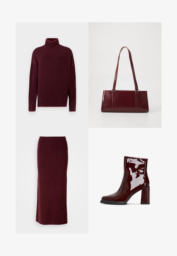 Burgunderrød rullekrave sweater med ribbet krave og manchetter, lavet af blødt materiale, med sænkede skuldre og en afslappet pasform.; Bordeaux uld maxi nederdel med en tætsiddende silhuet, glat tekstur og lige kant. Ingen synlige lukninger eller udsmykninger.; Glatte bordeaux ankelstøvle med firkantet tå, kraftig gennemsigtig hæl og tekstureret sort sål. Glat overflade med en højglans finish.; Bordeaux håndtaske lavet af glansfuldt materiale, rektangulær form, med to skulderremme og subtile buede detaljer på forsiden.