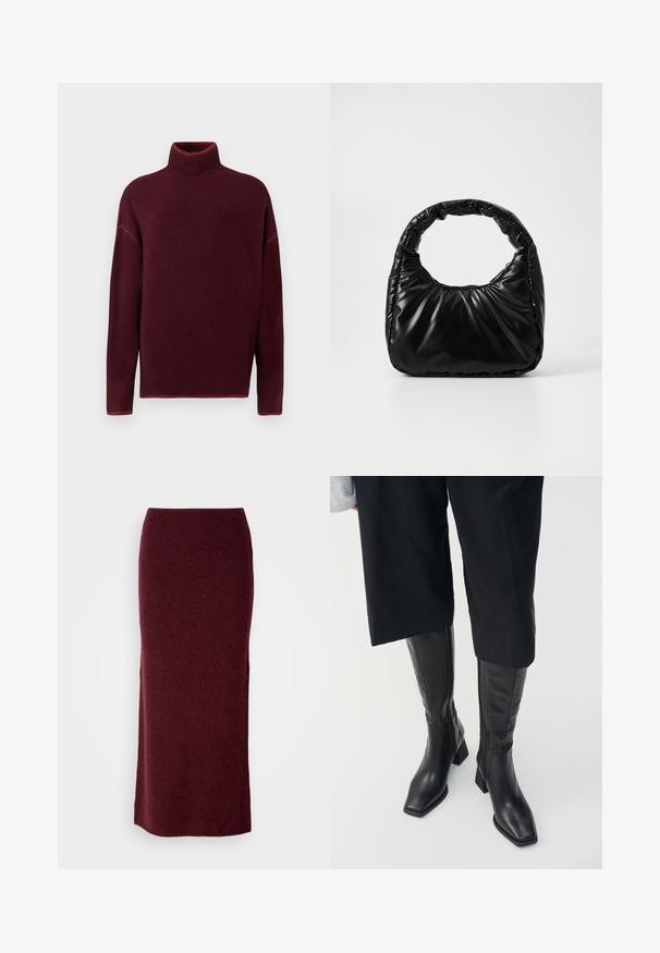Bordeaux coltrui met geribde kraag en manchetten, gemaakt van een zachte stof, met verlaagde schouders en een comfortabele pasvorm.; Bordeaux wollen maxi-rok met een aansluitende silhouet, een gladde textuur en een rechte zoom. Geen zichtbare sluitingen of versieringen.; Zwarte leren kniehoge laarzen met een vierkante teen en een blokhak. Heeft een ritssluiting aan de zijkant en een gladde textuur.; Zwarte gevoerde handtas met een ronde handgreep, met een gladde, glanzende oppervlakte en een zachte, gewatteerde textuur. Geen zichtbare metalen onderdelen of accenten.