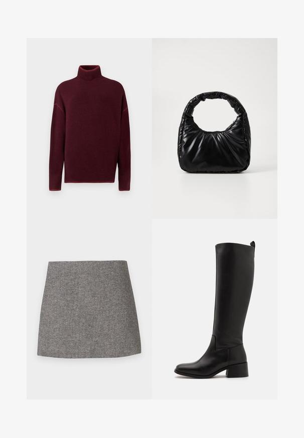 Pullove turtleneck bordeaux avec col et poignets côtelés, en texture douce, présentant des épaules tombantes et une coupe décontractée.; Jupe à motif chevrons en tissu gris, présentant une silhouette ajustée avec une texture lisse et un ourlet droit et net.; Botte noire montée à hauteur de genou en cuir lisse avec un talon blocs, une pointe arrondie et un design élégant sans embellissement.; Sac à main noir rembourré avec une poignée arrondie, présentant une surface lisse et brillante ainsi qu'une texture douce et matelassée. Pas de quincaillerie ou d'accents visibles.