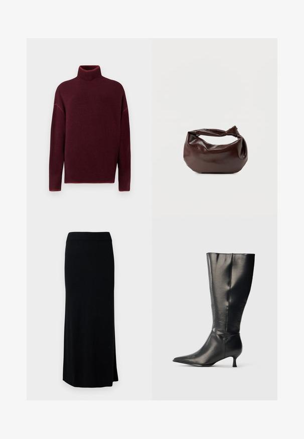 Pullove turtleneck bordeaux avec col et poignets côtelés, en texture douce, présentant des épaules tombantes et une coupe décontractée.; Jupe noire, longue, en maille avec une fente sur le côté. Équipée d'une taille extensible et d'une texture lisse. Design simple et ajusté. Aucune motif ou accent visible.; Botte en cuir noire montant jusqu'au genou, avec un bout pointu et un petit talon bas, présentée sur un fond clair uni.; Sac bandoulière en cuir marron foncé avec une forme souple et décontractée et une anse nouée torsadée sur un fond blanc uni.