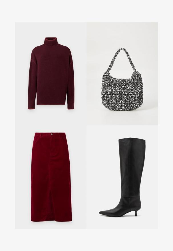 Burgunderrød rullekrave sweater med ribbet krave og manchetter, lavet af blødt materiale, med sænkede skuldre og en afslappet pasform.; Bordeaux kordfløjl nederdel med lige pasform, frontslids, bæltestropper og to lommer, med en frontknaplukning.; Knæhøje sorte læderstøvler med spids tå og kitten-heel. Glat tekstur og minimalistisk design uden synligt hardware eller accenter.; Vævet håndtaske i sort og hvid med en rund form, tekstureret overflade og et fletet håndtag. Velegnet til afslappet brug.