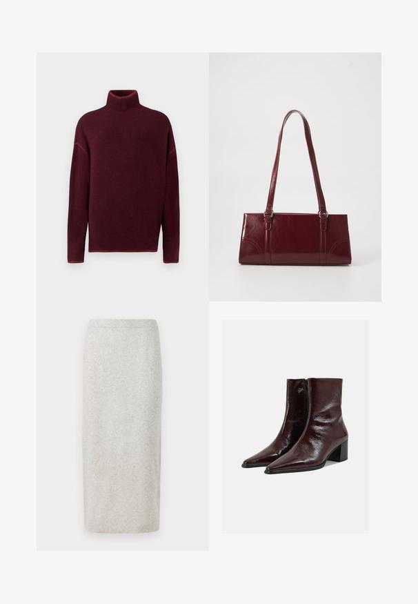 Pullove turtleneck bordeaux avec col et poignets côtelés, en texture douce, présentant des épaules tombantes et une coupe décontractée.; Jupe crayon en tricot gris clair, avec une texture lisse et un design ajusté, ourlée en bas avec une taille légèrement extensible.; Bottines en cuir marron foncé brillant avec bouts pointus, fermeture éclair latérale et talons blocs sur un fond uni gris clair.; Sac à main bordeaux en matériau brillant, de forme rectangulaire, avec deux anses et des accents légèrement courbés à l'avant.
