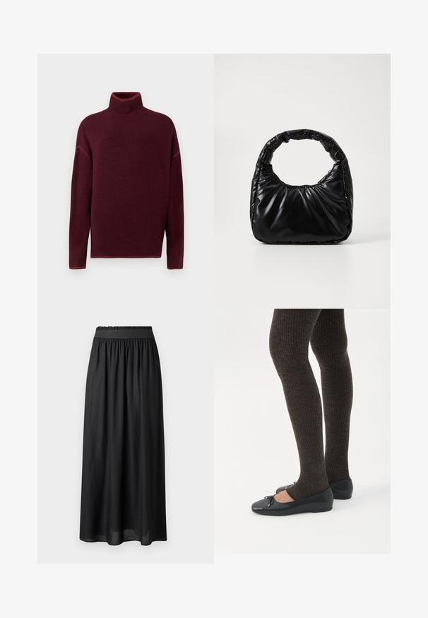 Burgunderrød rullekrave sweater med ribbet krave og manchetter, lavet af blødt materiale, med sænkede skuldre og en afslappet pasform.; Sort mid-længde nederdel lavet af letvægtsstof, med elastisk talje og en svævende silhuet med en glat tekstur.; Ben iført mørke ribbede leggings kombineret med sorte balletsko med små sløjfedetaljer på hvid baggrund.; Sort polstret håndtaske med et rundt håndtag, der har en glat, skinnende overflade og en blød, kviltet tekstur. Ingen synlige hardware eller accenter.