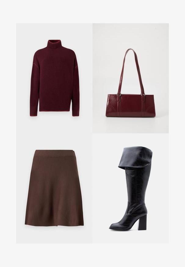 Burgunderrød rullekrave sweater med ribbet krave og manchetter, lavet af blødt materiale, med sænkede skuldre og en afslappet pasform.; Brun A-formet nederdel med elastisk talje, glat strik tekstur og let svaj i kanten mod en ensfarvet lys baggrund.; Høj sort læderstøvle med hæl, foldet kant og rund tå, stående oprejst på en hvid baggrund.; Bordeaux håndtaske lavet af glansfuldt materiale, rektangulær form, med to skulderremme og subtile buede detaljer på forsiden.