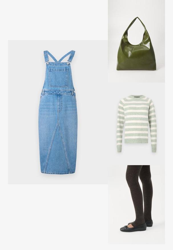 Suéter a rayas en verde suave y blanco. Tejido de punto con escote redondo y puños acanalados. Corte relajado. Rayas horizontales uniformemente espaciadas.; Vestido de tirantes de mezclilla en azul claro con tirantes ajustables, un bolsillo frontal, una falda recta con una pequeña abertura y una textura suave.; Piernas con leggings oscuros acanalados combinados con bailarinas negras que presentan pequeños detalles de lazo sobre un fondo blanco.; Bolsa hobo verde de cuero con un diseño suave, asa curvada y textura lisa. No contiene hardware visible ni acentos.