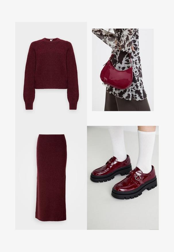 Bordeaux wolmengsel trui met ronde hals, lange mouwen en geribbelde boorden en onderrand.; Bordeaux wollen maxi-rok met een aansluitende silhouet, een gladde textuur en een rechte zoom. Geen zichtbare sluitingen of versieringen.; Bordeaux patent leren schoenen met een dikke zwarte zool, dubbele band met hartdetail en geribbelde witte sokken. Retro ontwerp met dikke grip.; Vrouw met een zwart-wit gebloemde blouse houdt een glanzende rode schoudertas vast tegen een effen achtergrond.