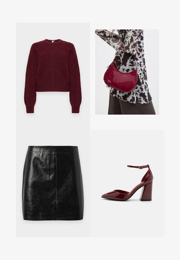 Pull en mélange de laine bourgogne, à col rond, avec des manches longues et des poignets et ourlet côtelés.; Jupe mini en cuir synthétique noir avec une texture lisse et brillante, présentant une coupe droite et des coutures minimales au niveau de la taille.; Escarpin en cuir verni bordeaux à talon haut, avec un bout pointu, une bride de cheville et un talon épais. Texture lisse et design élégant.; Femme portant un chemisier à motif noir et blanc tenant un sac à main rouge brillant sur un fond uni.