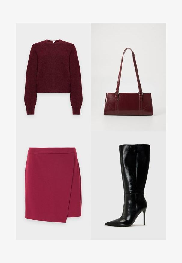 Pull en mélange de laine bourgogne, à col rond, avec des manches longues et des poignets et ourlet côtelés.; Jupe portefeuille en bordeaux profond, confectionnée dans un tissu doux. Elle présente une ceinture lisse et un ourlet asymétrique pour une silhouette fluide.; Bottes noires en cuir, hautes jusqu'au genou, avec un bout pointu et un talon aiguille haut. Texture lisse et design épuré, avec un minimum de détails.; Sac à main bordeaux en matériau brillant, de forme rectangulaire, avec deux anses et des accents légèrement courbés à l'avant.