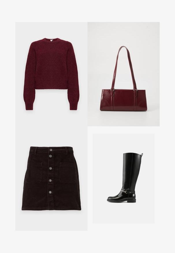 Suéter de crewneck de mezcla de lana burdeos con mangas largas y puños y dobladillo acanalados.; Falda de pana marrón con un diseño ajustado, cierre frontal de botones, dos bolsillos laterales y textura acanalada vertical en toda la prenda.; Botas negras hasta la rodilla hechas de cuero brillante, con un detalle de hebilla plateada en el tobillo y un diseño de punta redondeada. Suela plana.; Bolso burdeos hecho de material brillante, de forma rectangular, con dos asas para el hombro y sutiles acentos curvados en la parte frontal.