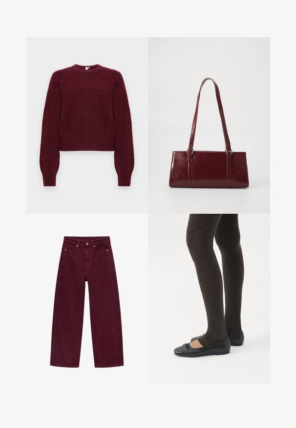 Bordeaux wolmengsel trui met ronde hals, lange mouwen en geribbelde boorden en onderrand.; Bordeaux wijde jeans van denim, met een vier-pocket ontwerp en metalen knoopsluiting met bijpassende stiksels.; Benen met donkere geribbelde leggings gecombineerd met zwarte ballerina's met kleine strikdetails op een witte achtergrond.; Bourgondische handtas van glanzend materiaal, rechthoekige vorm, met twee schouderbanden en subtiele gebogen accenten aan de voorkant.
