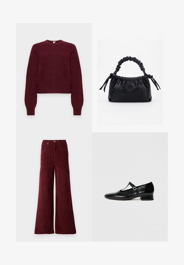 Bordeaux wolmengsel trui met ronde hals, lange mouwen en geribbelde boorden en onderrand.; Burgundy wijde corduroy broek met hoge taille, voorzakken en een knoopsluiting. Geweven ribstof over de gehele lengte.; Zwarte leren Mary Jane schoenen met een puntige neus, een kleine blokhak en een verstelbare riem met een zilveren gesp. Gladde, glanzende textuur.; Zwarte handtas met krokodillenstructuur, geplooide bovenrand, samengevoerde handgreep en koordtassels aan elke kant tegen een witte achtergrond.