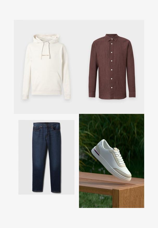 Beige huppari, joka on valmistettu puuvillasta. Siinä on kengurulaukku, nyörikiinnitteinen huppu ja brodeerattu "Originals"-teksti rinnassa.; Ruskea pitkähihainen nappipaita, jossa on klassinen kaulus ja valkoiset napit, esillä yksinkertaista vaaleaa taustaa vasten.; Tummansiniset slim-fit farkut, joissa on lievää kulumista etupolvissa, kupariset niitit ja klassinen viiden taskun tyyli, asetettuna litteäksi valkoiselle taustalle.; Valkoinen nahkainen tennari, jossa on beige yksityiskohta, sileä pinta, pyöreä kärki ja nauhallinen suljenta. Sisältää hienovaraiset rei’itykset ja värikkään kantapään raidan.