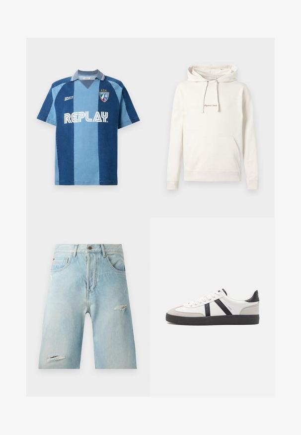 Bež kapuutsiga särk, mis on valmistatud puuvillast, millel on känguru tasku, reguleeritav kapuuts ja rinnal tõmmatud "Originals" teksti äär. ; Denim-stiilis trikotaaž lühikeste varrukatega, tumeda ja helesinise riba kujundusega, V-kaelusega ja silmatorkava "REPLAY" logoga.; Heledsinine denim lühikesed püksid mugava lõikega, millel on kulumismärgised, küljetaskud ja üks pealne nööp.; Valged tossud mustade ja hallide aktsentidega, tekstureeritud halli varbakattega, musta kummitald ja lamedad valged paelad. Puhtad jooned, minimalistlik stiil.