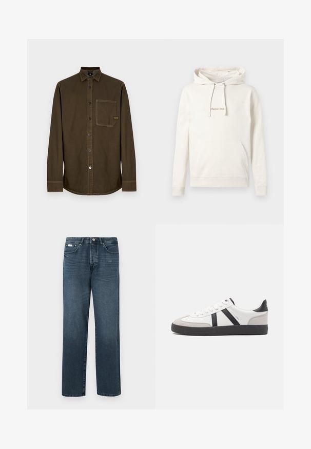 Hoodie beige en coton, avec une poche kangourou, un capuchon à cordon de serrage et un texte brodé "Originals" sur la poitrine.; Chemise boutonnée à manches longues de couleur marron foncé avec col, poche poitrine unique et coutures visibles sur fond blanc.; Jean en denim bleu foncé avec une coupe droite, cinq poches, passants de ceinture et fermeture à glissière. Texture lisse avec des détails de décoloration subtils.; Baskets blanches avec des accents noirs et gris, présentant un embout texturé gris, une semelle en caoutchouc noir et des lacets plats blancs. Design épuré, style minimaliste.