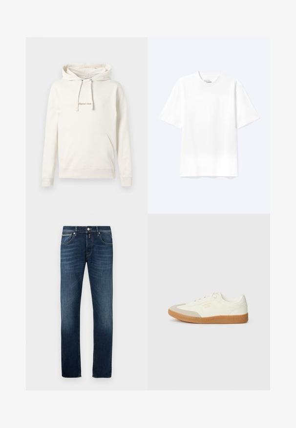 Beige hoodie lavet af bomuld, med en kængurulomme, snoretræk i hætten og broderet "Originals" tekst på brystet.; Enkel hvid T-shirt med korte ærmer og rund hals med afslappet pasform, vist på en lys baggrund.; Mørkeblå straight-leg jeans med let falming på lårerne, fem lommer og en metalknaplukning i taljen.; Sneaker lavet af hvid læder med en beige tåhætte og let brunt gummisål. Har flade hvide snørebånd og prægede branding på siden.