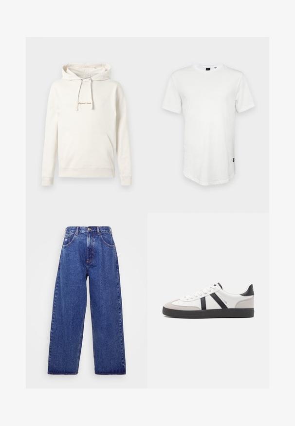 Hoodie beige en coton, avec une poche kangourou, un capuchon à cordon de serrage et un texte brodé "Originals" sur la poitrine.; T-shirt blanc à manches courtes en coton, avec un col rond et un dos légèrement allongé, arborant un petit logo sur le côté.; Jean en denim bleu à larges jambes et taille haute, avec cinq poches, une fermeture à bouton et un léger délavage pour une texture.; Baskets blanches avec des accents noirs et gris, présentant un embout texturé gris, une semelle en caoutchouc noir et des lacets plats blancs. Design épuré, style minimaliste.