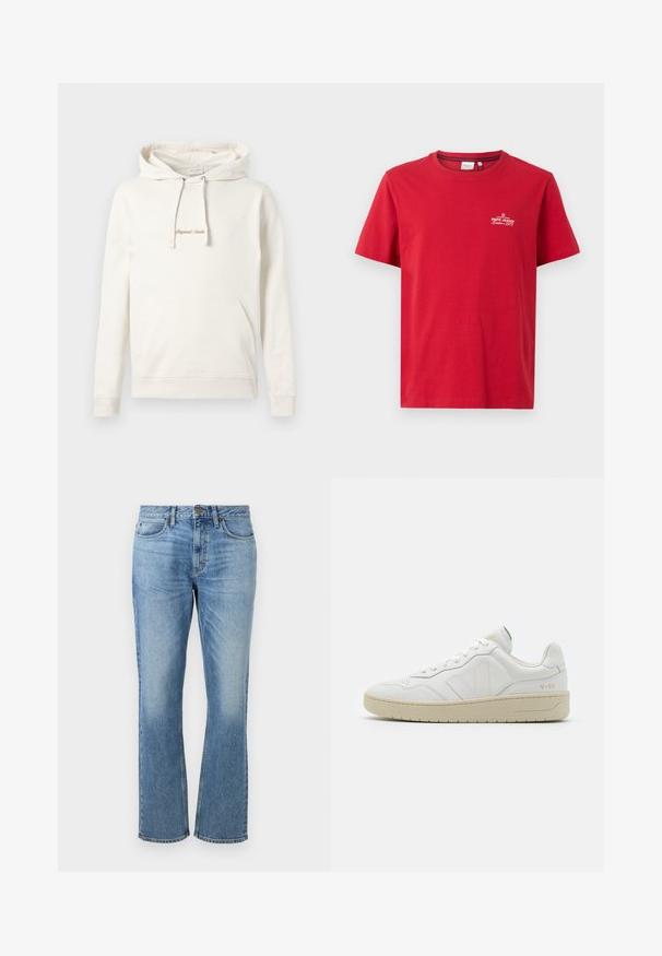 Béžová mikina vyrobená z bavlny, s klokaniím vreckom, kapucňou so šnúrkou a vyšívaným textom "Originals" na hrudi.; Pepe Jeans THIAGO TEE - Tričko s potlačou - rugby red; Svetlomodré džínsy s rovnom nohou, s predným zapínaním na gombík, piatimi vreckami a vyblednutými miestami pre textúru.; Biele kožené tenisky s textúrovaným povrchom a polstrovaným golierom. Majú béžovú gumovú podrážku a diskrétne značenie na päte a boku.