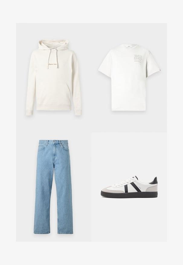 Beige hoodie gemaakt van katoen, met een kangoeroezak, een capuchon met trekkoord en geborduurde "Originals" tekst op de borst.; Witte katoenen t-shirt met korte mouwen, voorzien van een grijs bedrukt logo op de linker borst. Ronde hals, losse pasvorm en minimale accenten.; Lichtblauwe denim jeans met een rechte pasvorm, vijf zakken, knoop- en ritssluiting, en een iets vervaagde afwerking.; Witte sneaker met zwarte en grijze accenten, voorzien van een grijze neus met textuur, zwarte rubberen zool en platte witte veters. Schoon ontwerp, minimalistische stijl.