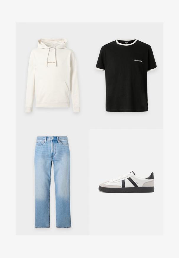 Beige hoodie lavet af bomuld, med en kængurulomme, snoretræk i hætten og broderet "Originals" tekst på brystet.; Jack & Jones T- - T-shirts basic - black; Lys blå denim jeans med lige ben-design, der har en falmet vask, standard fem-lomme styling og en klassisk knaplukning.; Hvide sneakers med sorte og grå detaljer, med en tekstureret grå tåhætte, sort gummisål og flade hvide snørebånd. Rent design, minimalistisk stil.