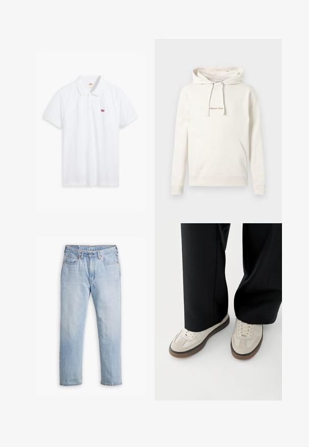 Beige hoodie gemaakt van katoen, met een kangoeroezak, een capuchon met trekkoord en geborduurde "Originals" tekst op de borst.; Witte polo shirt van katoen. Voorzien van een drie-knopen sluiting, korte mouwen en een klein rood Levi's logo op de linkerborst.; Lichtblauwe denim jeans met een recht model, vijf zakken en contrasterende stiksels. Knopen- en ritssluiting bij de taille.; Voeten met beige sneakers met bruine zolen en zwarte wijde broekspijpen op een witte achtergrond.