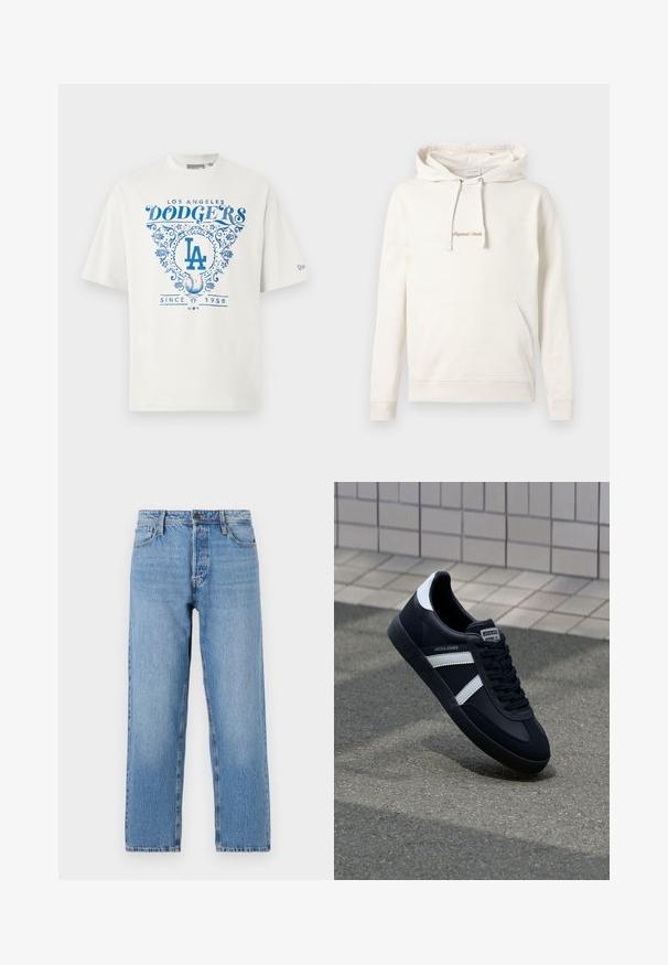 Sudadera beige de algodón, con un bolsillo canguro, capucha con cordones y texto bordado "Originals" en el pecho.; Camiseta de algodón blanca con texto gráfico azul "LOS ANGELES DODGERS" y "SINCE 1958" con acentos florales y el logo "LA" en el centro.; Jeans de denim azul claro con un diseño de pierna recta, que cuentan con un cierre de botón y cremallera, estilo de cinco bolsillos y un ligero desvanecimiento.; Zapatilla de cuero negra con rayas blancas, suela de goma texturizada y parte frontal con cordones. Cuenta con una etiqueta de marca en la lengüeta.