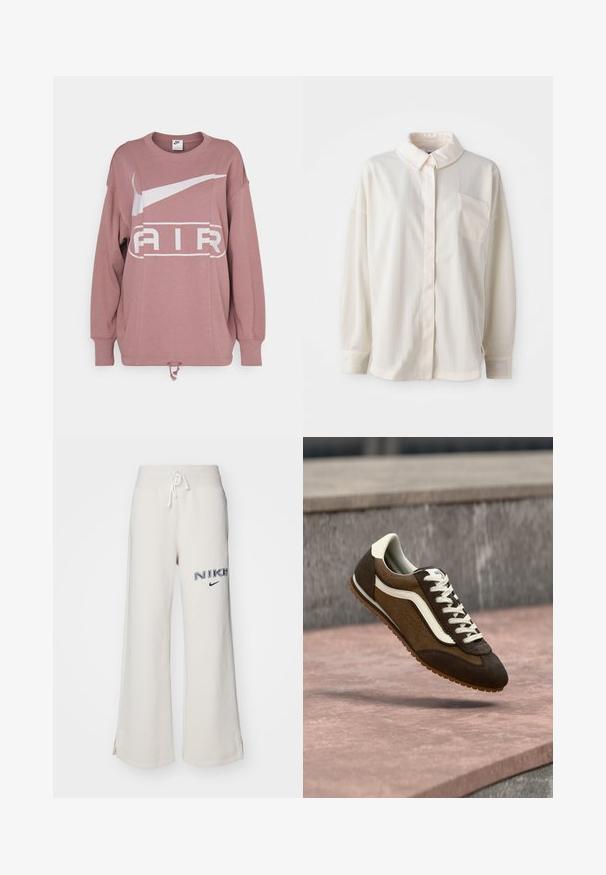 Nike Sportswear AIR CREW - Collegepaita - smokey mauve; Valkoinen kauluspaita, jossa on pystysuorat raidat, pitkät hihat, yksittäinen rintatasku, valmistettu sileästä kankaasta, joka on pehmeästä tekstuurista.; Vaaleanbeige leveät verkkahousut, joissa on joustava vyötärö, nauhakuja, sivuaukot ja tummansinisellä kirjailtu "NIKE" -logo.; Ruskea ja tummanruskea mokkanahkainen tennari, jossa valkoinen raita ja nauhat, leijuu vaaleanpunaisen kiven pinnan ja harmaan taustan yllä.