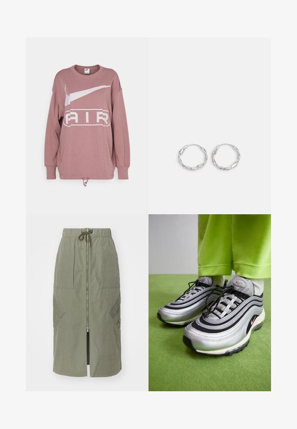 Nike Sportswear AIR CREW - Sweatshirt - smokey mauve; Oliven grøn midi-skjørt lavet af letvægtsstof, med en front lynlås, elastisk talje og store sidelommer med vinkelformede klapper.; Sølv- og sorte Nike Air Max 97 sneakers har et bølget design, mesh- og lædermaterialer, sorte snørebånd og et pink accentlogo.; Sølv hoops med en bølget, uregelmæssig tekstur. Har en tynd, cirkulær form og en reflekterende finish.