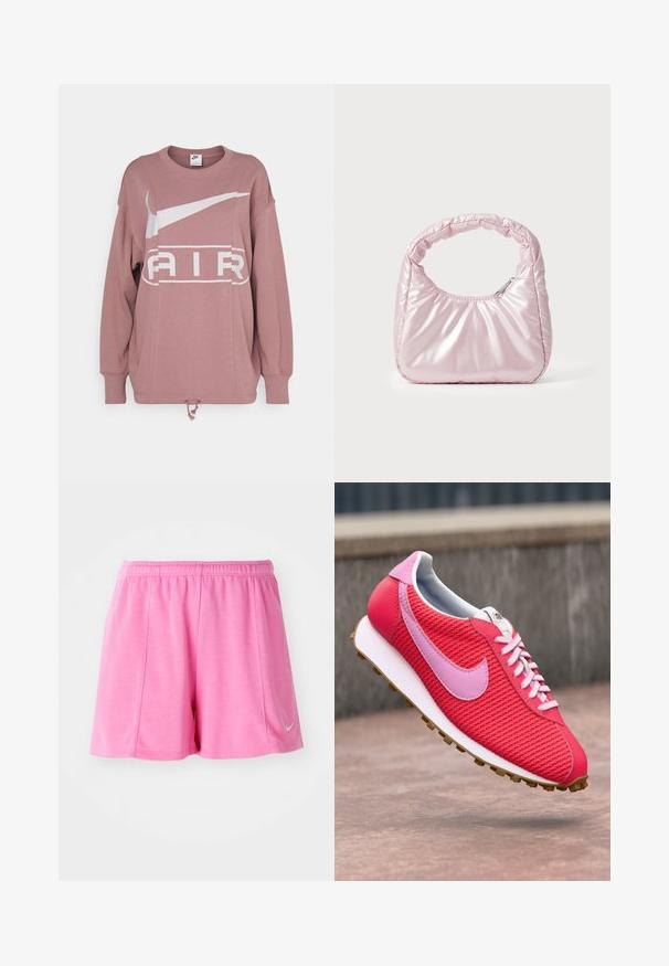 Nike Sportswear AIR CREW - Sweatshirt - smokey mauve; Lyserøde atletiske shorts fremstillet af blødt stof, med et elastisk midjebånd og en logoaccent på siden. Lige ben design med en glat tekstur.; Lys pink og rød strikket sneakers med lyserød logo og snørebånd, hvid sål og brun bund flyvende over en betonoverflade.; Rosa, polstret håndtaske med afrundet design, lavet af skinnende materiale. Har et samlet håndtag og en lynlås til sikker adgang.