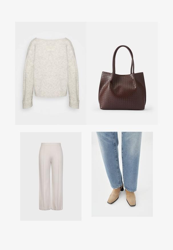 Suéter gris claro con una textura suave, escote amplio tipo barco y mangas largas. Presenta un corte cropped y puños y dobladillo acanalados.; Pantalones de pierna ancha en tela beige claro con una textura suave. Presenta dos costuras verticales y un corte limpio y uniforme en el dobladillo.; Botines de ante beige con punta puntiaguda y tacón bajo cuadrado negro, usados con vaqueros azul claro de pierna recta.; Bolso tote de cuero trenzado marrón con dos asas, que presenta una superficie texturizada y un diseño de abertura superior. Forma minimalista sin hardware adicional.