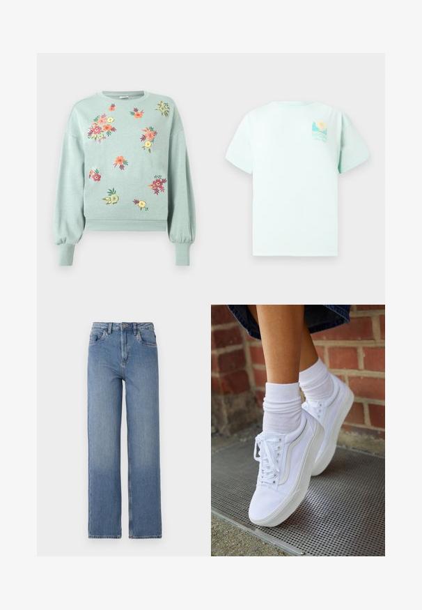 Lichtgroene sweatshirt met bloemenborduurwerk in roze, oranje en geel. Heeft geribbelde manchetten en zoom, met een ontspannen pasvorm en ballonmouwen.; Mintgroene T-shirt van katoen, met korte mouwen en een rond decolleté. Aan de voorkant staat een grafisch logo met een landschap en zon ontwerp.; Hoge taille blauwe spijkerbroek met een rechte pijp. Bevat het klassieke vijf-pocket ontwerp en subtiele vervaging aan de voorkant.; Witte canvas sneakers met rubberen zolen, voorzien van zes vetertjes, een ronde neus en lichte stikdetails, gecombineerd met witte enkelsokken.