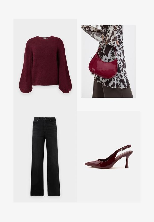 Bordeaux strikket sweater med et tekstureret boble mønster, rund halsudskæring og ballonærmer med ribkant.; Sorte denim bukser med vid ben og en klassisk fem-lomme-design, der inkluderer en knaplukning og subtil tekstur. Rene linjer og minimal pynt.; Skinnende mørkerød spids tå slingback højhælet sko med en tynd justerbar rem og spids stilethæl på hvid baggrund.; Kvinde iført en sort- og hvidmønstret bluse, der holder en blank rød skuldertaske mod en ensfarvet baggrund.