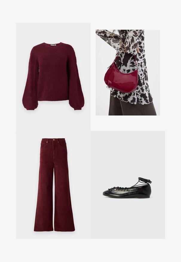 Bordeaux gebreide trui met een textuur van bobbels, ronde halslijn en ballonmouwen met ribgebreide manchetten.; Burgundy wijde corduroy broek met hoge taille, voorzakken en een knoopsluiting. Geweven ribstof over de gehele lengte.; Zwarte ballerina's van lakleer met een afgeronde neus, veterdesign en een platte zool. Glad oppervlak met minimale details.; Vrouw met een zwart-wit gebloemde blouse houdt een glanzende rode schoudertas vast tegen een effen achtergrond.