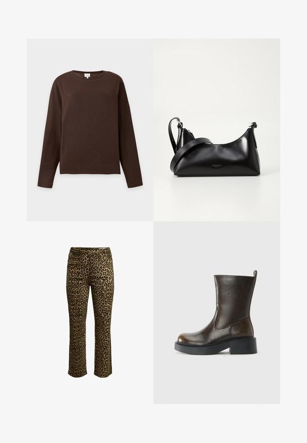 Donkerbruine trui met lange mouwen en ronde hals, met een eenvoudige, gladde textuur, afgebeeld op een effen lichte achtergrond.; Een broek met luipaardprint, met een slim fit, knoopsluiting en gestikte tailleband met een lichte stretch voor comfort.; Donkere bruin leren laars tot halverwege de kuit met een ronde neus, dikke zwarte zool, lage blokhak en een trekband aan de achterkant.; Zwarte leren handtas met een gladde textuur. Beschikt over een verstelbare schouderband en een strak, minimalistisch ontwerp met een ritssluiting.